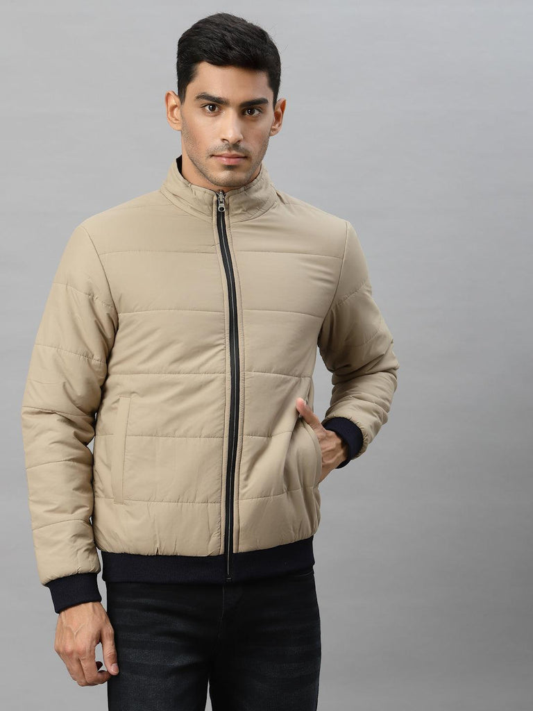 Style Quotient Men Beige Reversible Padded Jacket with Patchwork-Men's Jackets-StyleQuotient