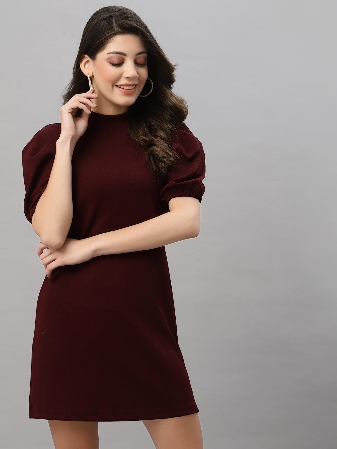 Style Quotient Women Maroon Crepe A-Line Mini Dress-Dresses-StyleQuotient