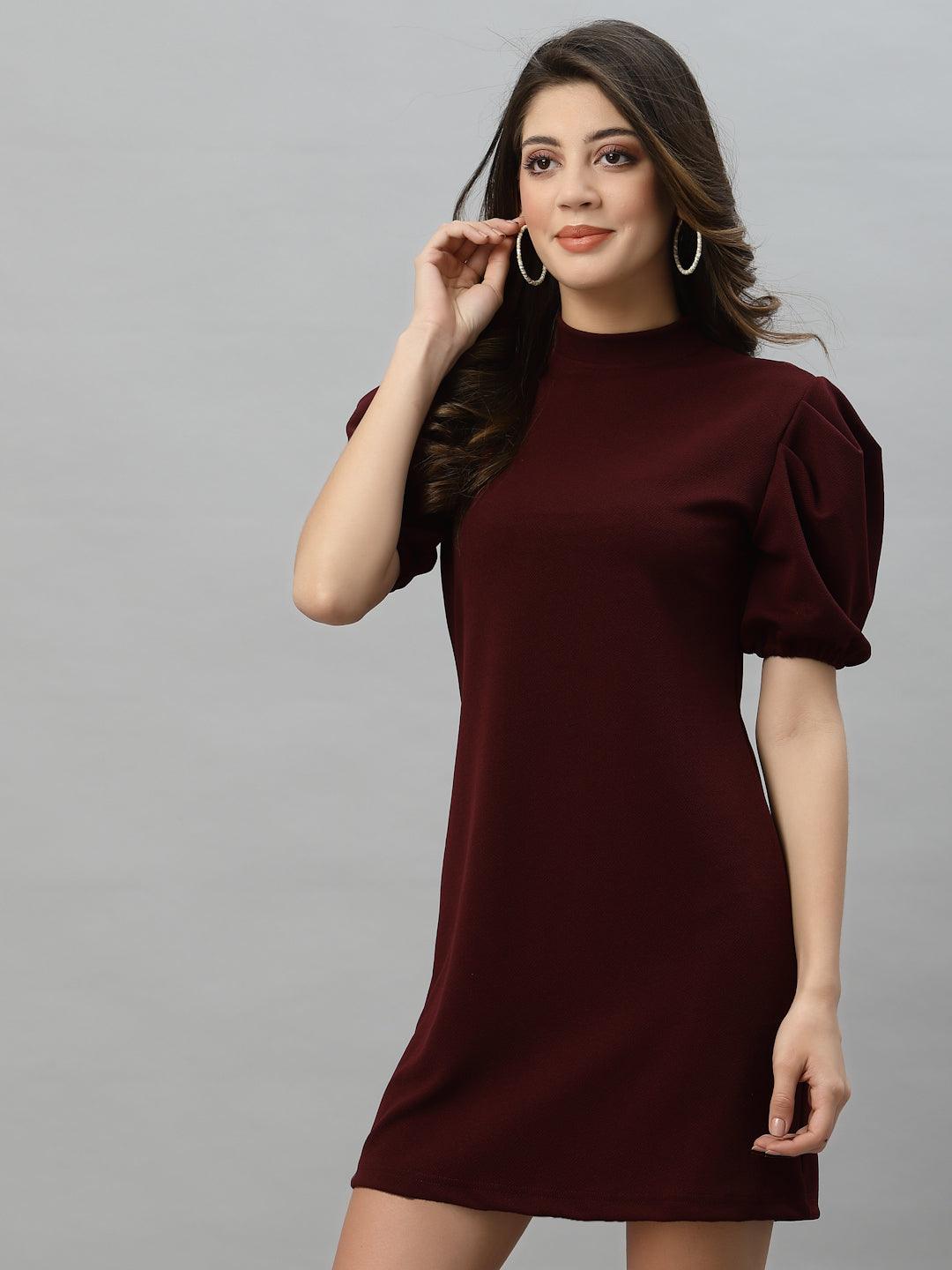 Style Quotient Women Maroon Crepe A-Line Mini Dress-Dresses-StyleQuotient