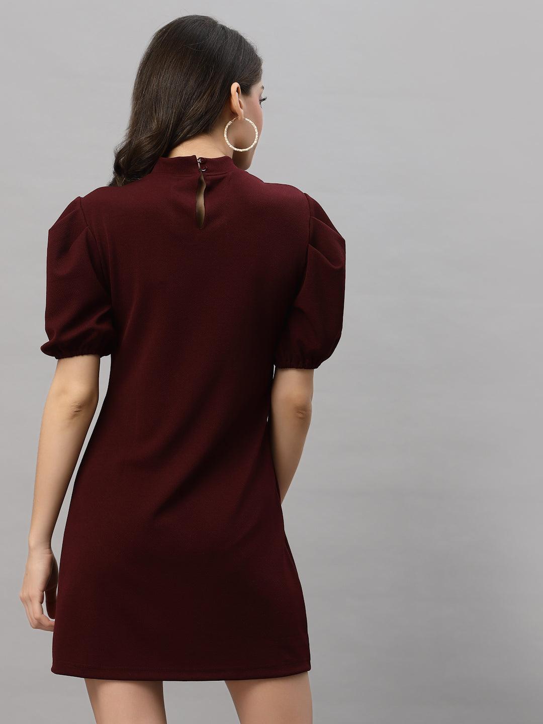 Style Quotient Women Maroon Crepe A-Line Mini Dress-Dresses-StyleQuotient