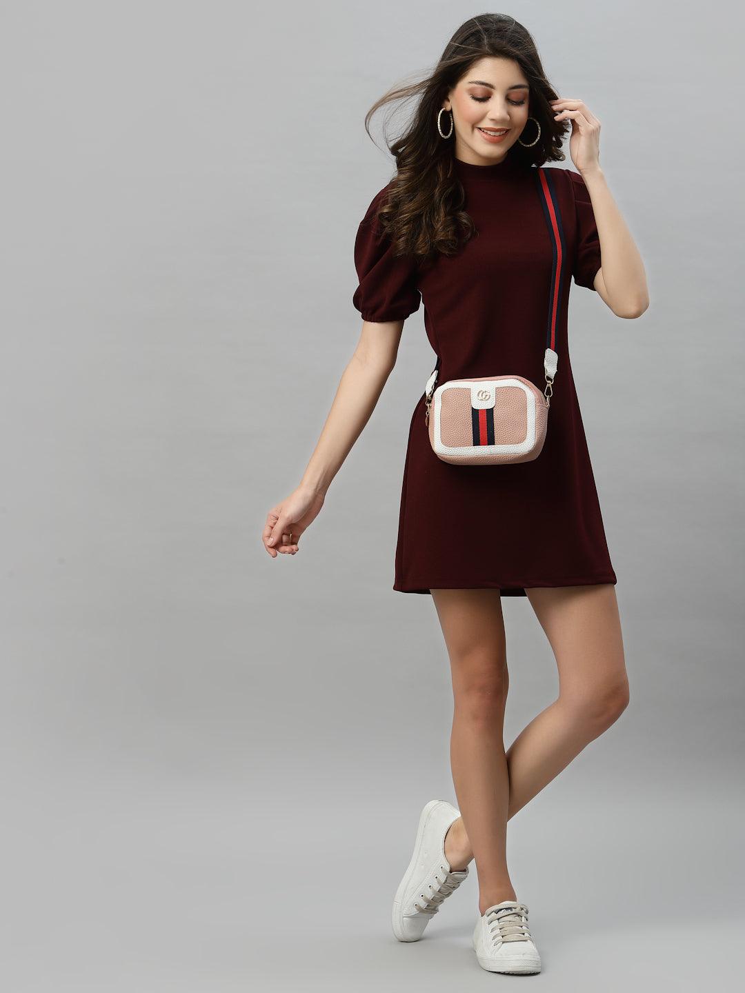 Style Quotient Women Maroon Crepe A-Line Mini Dress-Dresses-StyleQuotient