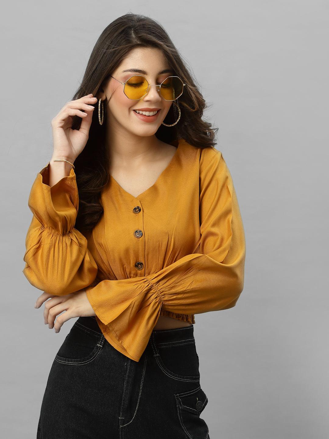 Style Quotient Women Mustard Yellow Solid Crop Top-Tops-StyleQuotient