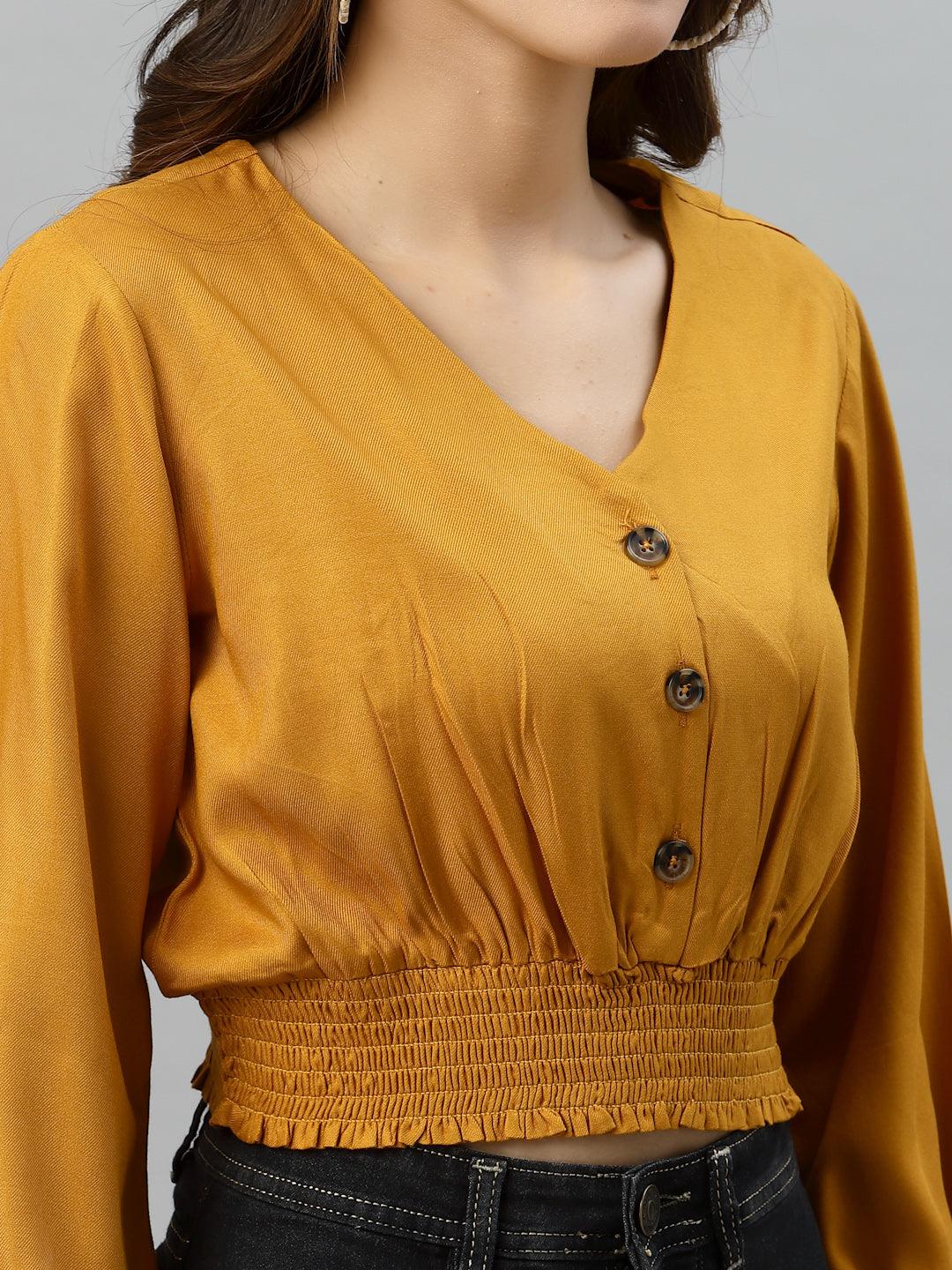 Style Quotient Women Mustard Yellow Solid Crop Top-Tops-StyleQuotient