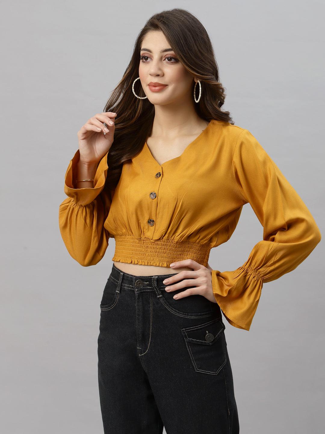 Style Quotient Women Mustard Yellow Solid Crop Top-Tops-StyleQuotient