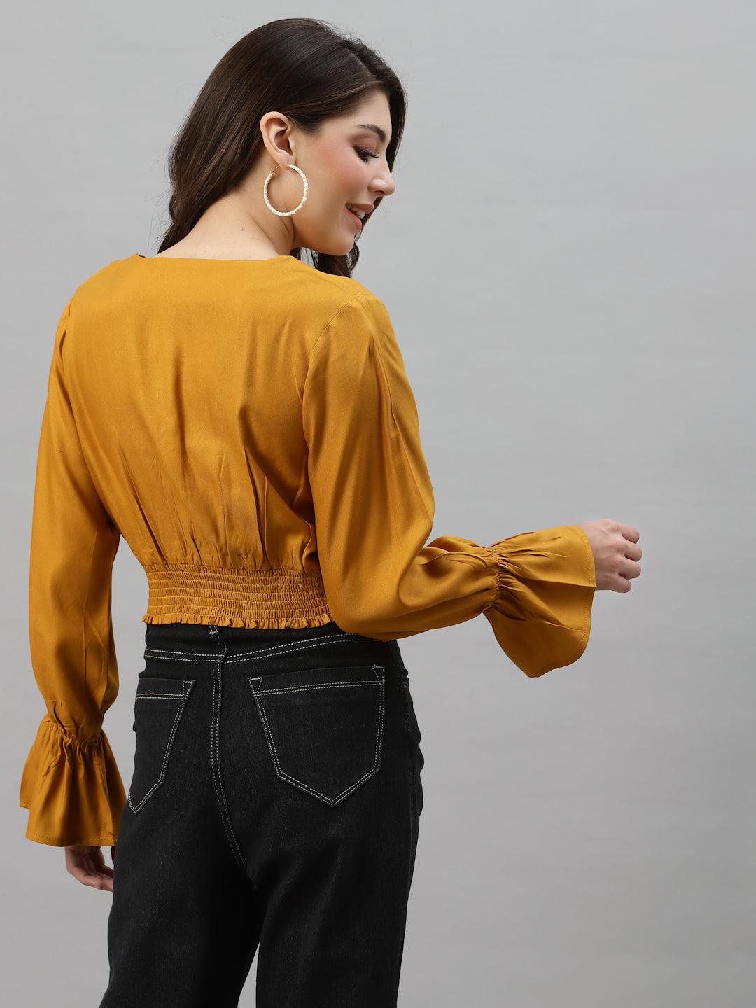 Style Quotient Women Mustard Yellow Solid Crop Top-Tops-StyleQuotient