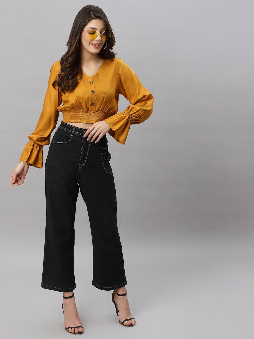 Style Quotient Women Mustard Yellow Solid Crop Top-Tops-StyleQuotient