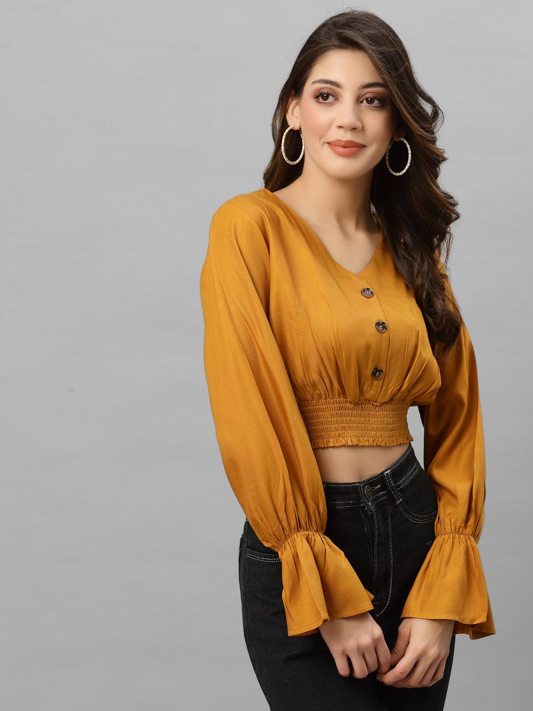 Style Quotient Women Mustard Yellow Solid Crop Top-Tops-StyleQuotient