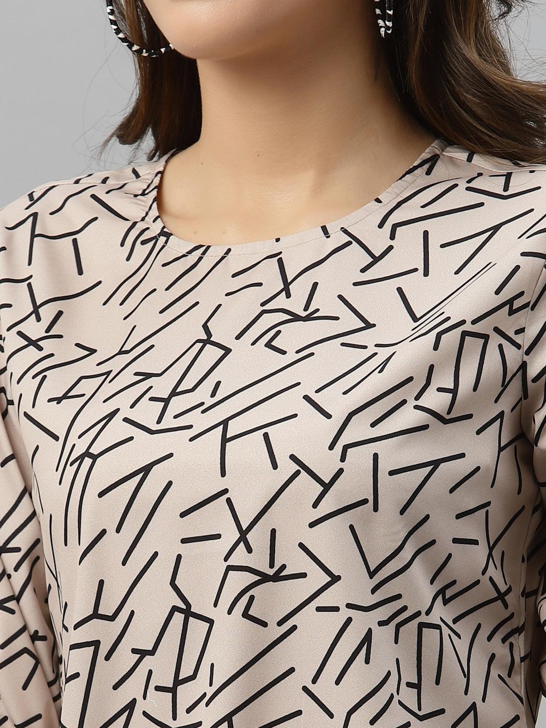 Style Quotient Women Nude and Black Abstract Printed Polyester Smart Casual Top-Tops-StyleQuotient