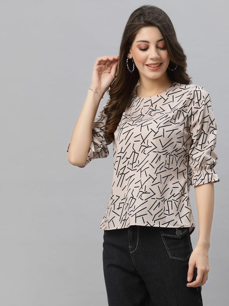 Style Quotient Women Nude and Black Abstract Printed Polyester Smart Casual Top-Tops-StyleQuotient
