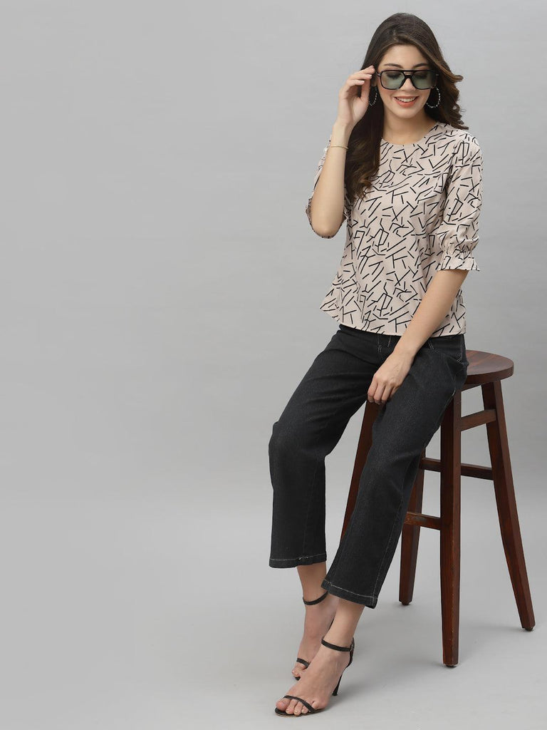 Style Quotient Women Nude and Black Abstract Printed Polyester Smart Casual Top-Tops-StyleQuotient