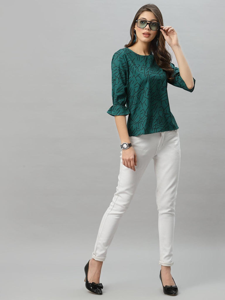 Style Quotient Women Bottle Green and Black Abstract Printed Polyester Smart Casual Top-Tops-StyleQuotient
