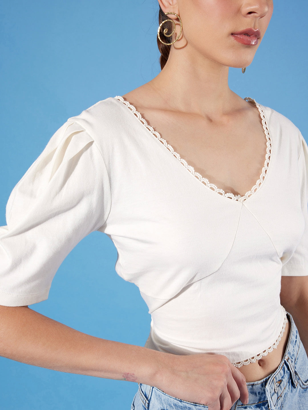 Style Quotient women White Solid Cotton Styled Back Crop Top-Tops-StyleQuotient