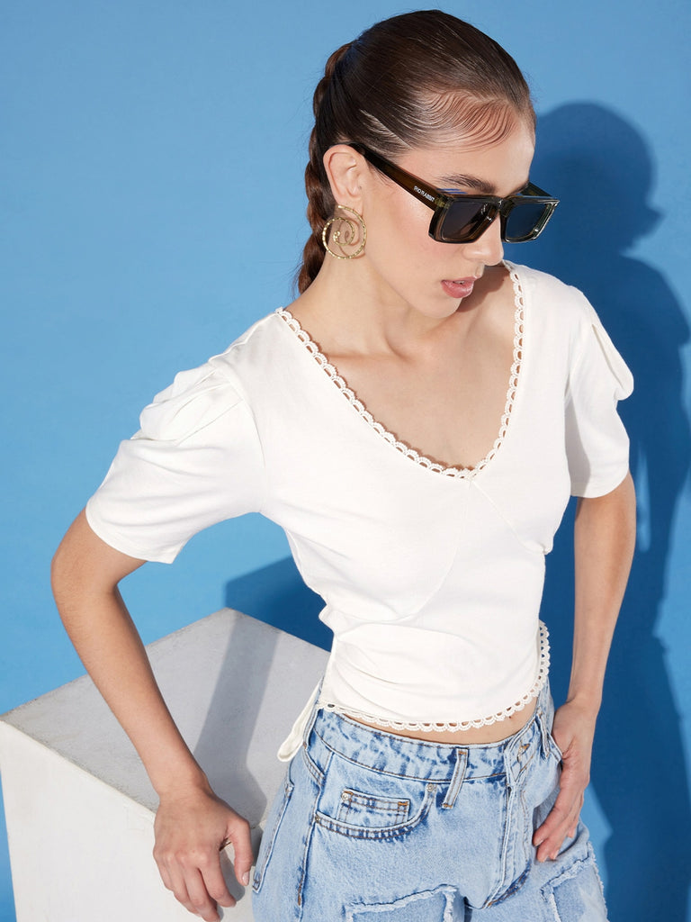 Style Quotient women White Solid Cotton Styled Back Crop Top-Tops-StyleQuotient