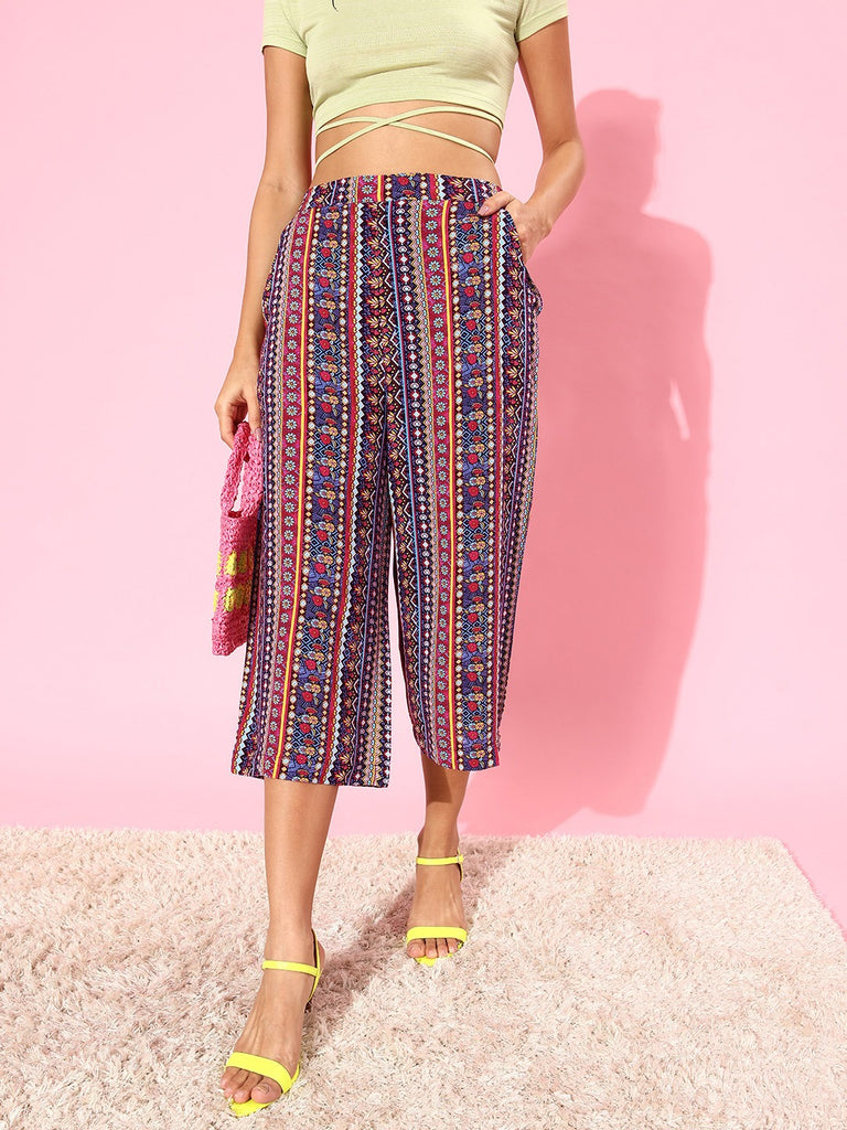 Style Quotient Women Blue Ethnic Motifs Printed Relaxed Loose Fit Culottes-Trousers-StyleQuotient