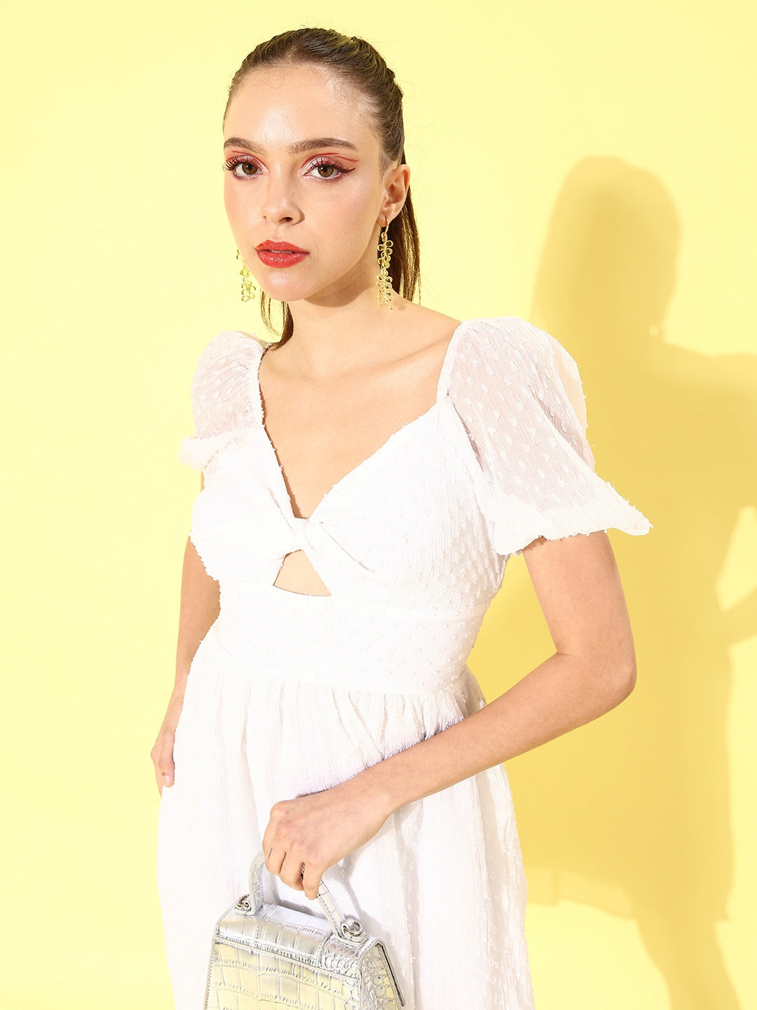 Style Quotient Women Classic White Self-Design Twist & Knot Dress-Dresses-StyleQuotient