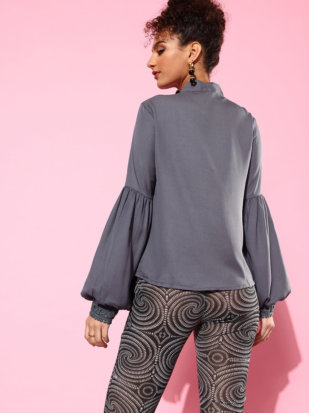 Style Quotient Women Grey Tie-Up Neck Bishop Sleeves Top-Tops-StyleQuotient