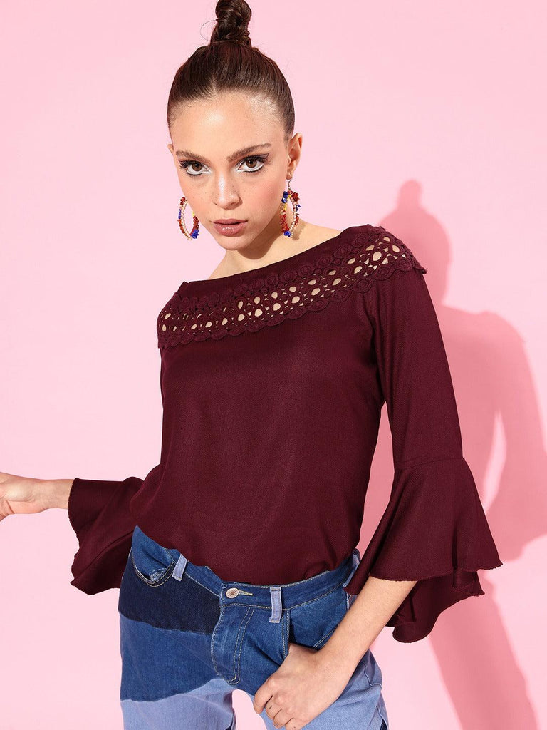 Style Quotient Women Maroon Lace Top-Tops-StyleQuotient