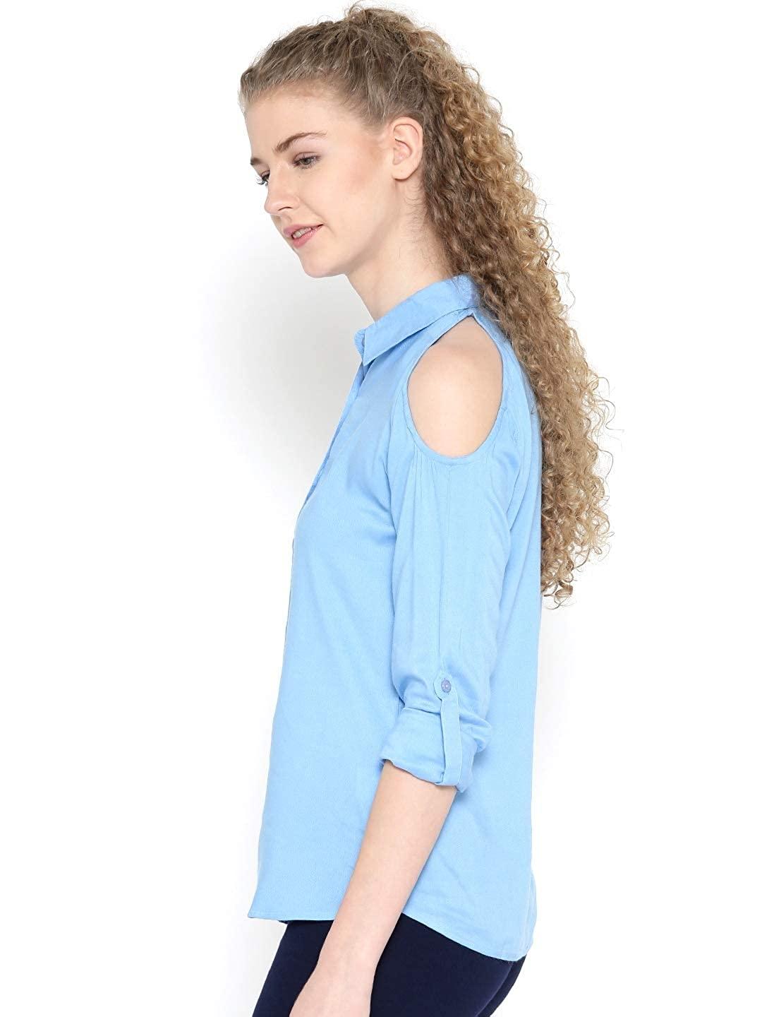 Style Quotient Women Blue Spread Collar Solid Fashion Shirts-Shirts-StyleQuotient