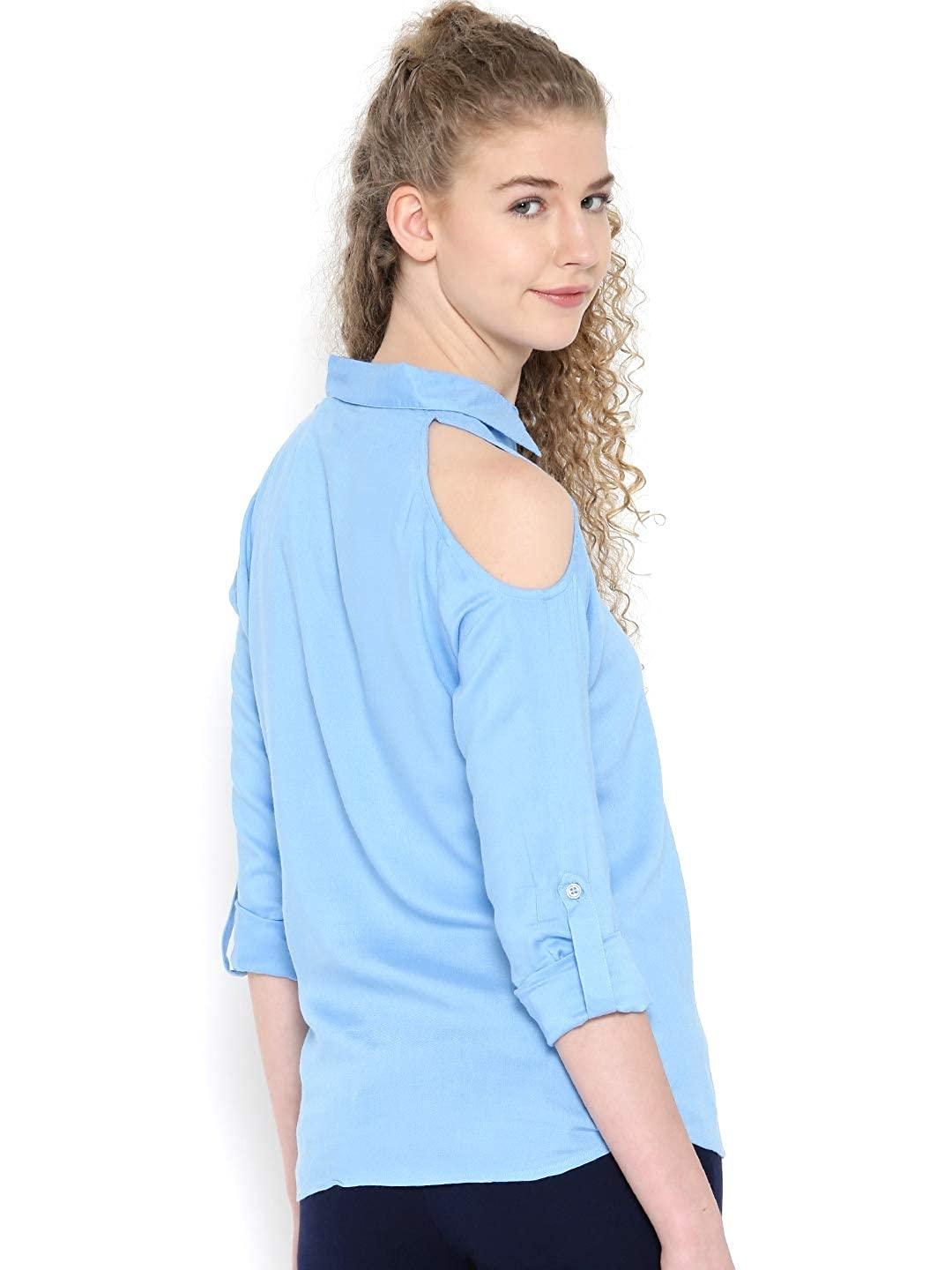 Style Quotient Women Blue Spread Collar Solid Fashion Shirts-Shirts-StyleQuotient