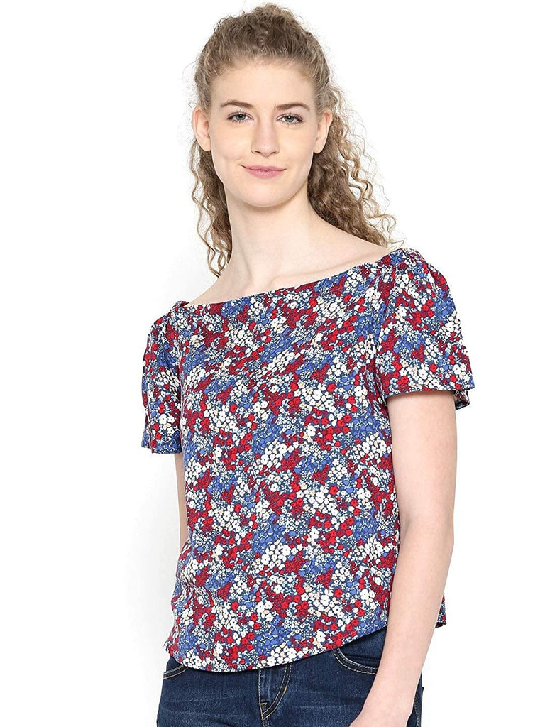 Style Quotient Women Blue Off-Shoulder Floral Fashion Tops-Tops-StyleQuotient