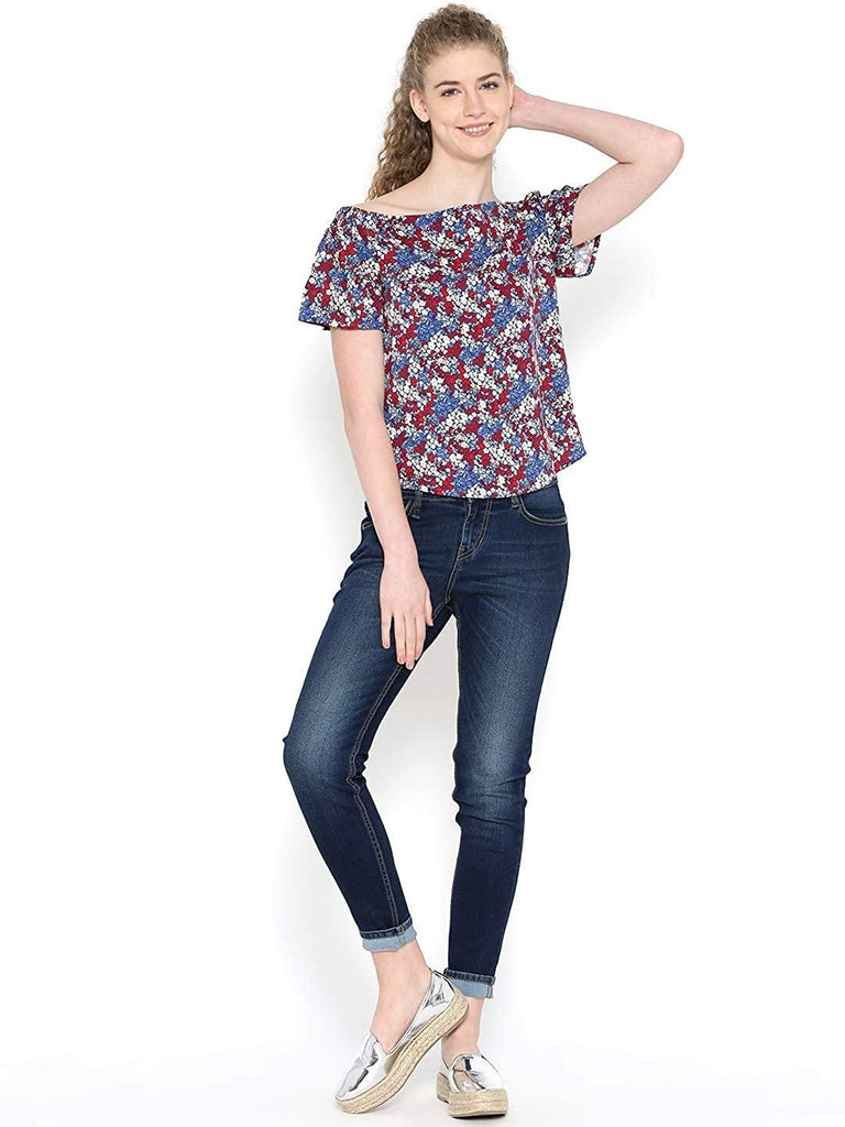 Style Quotient Women Blue Off-Shoulder Floral Fashion Tops-Tops-StyleQuotient