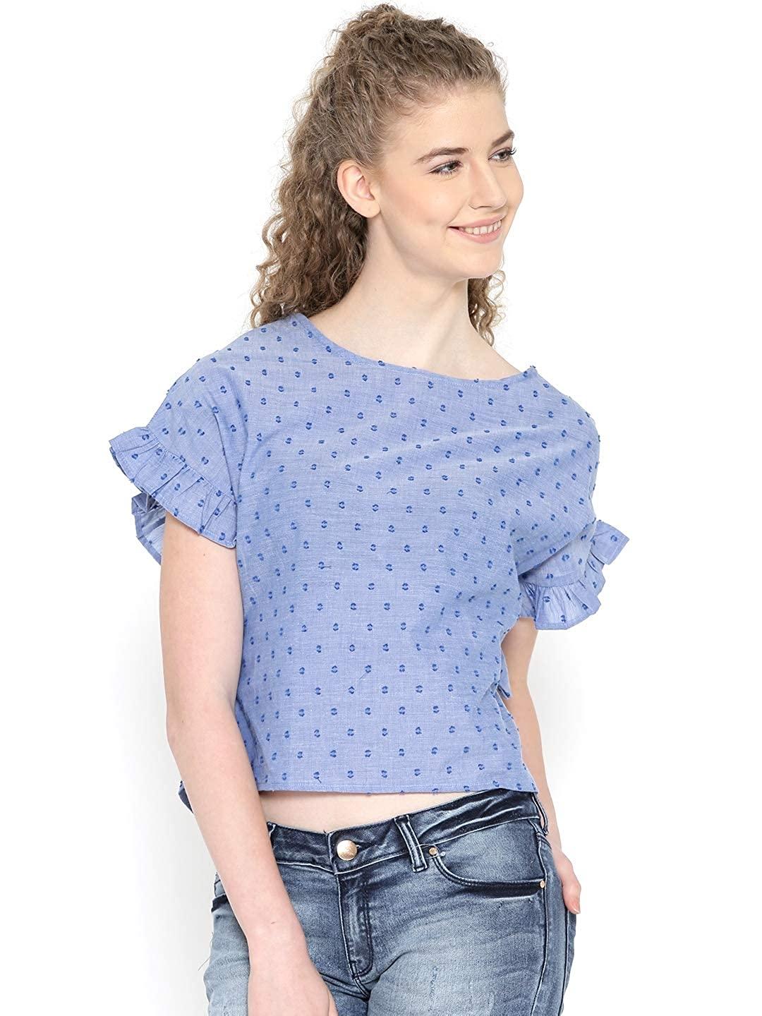 Style Quotient Women Blue Round Neck Self Design Fashion Tops-Tops-StyleQuotient