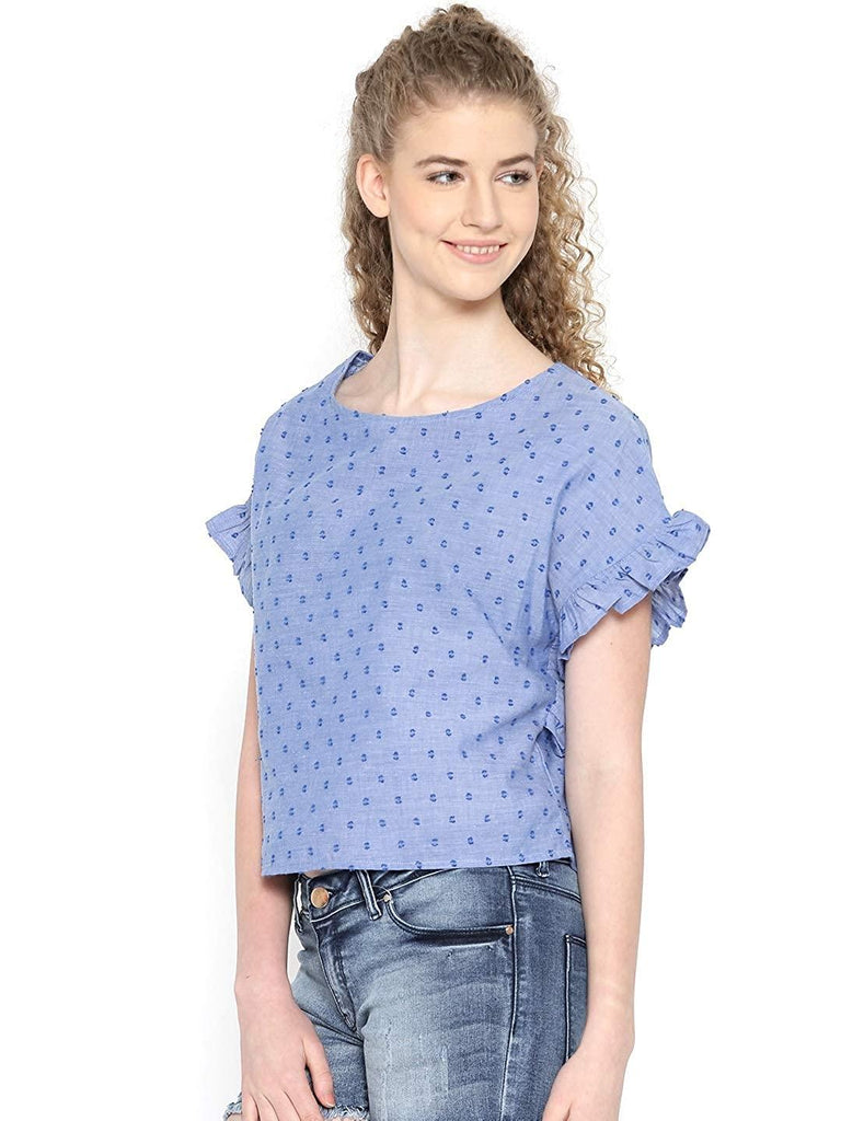 Style Quotient Women Blue Round Neck Self Design Fashion Tops-Tops-StyleQuotient