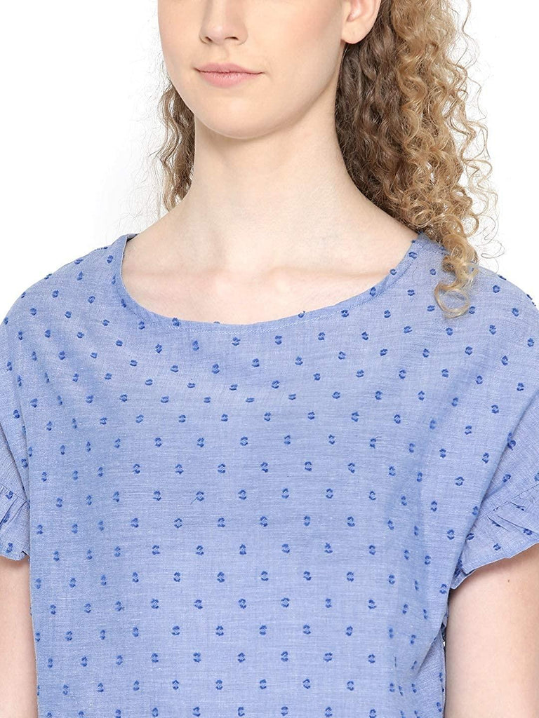 Style Quotient Women Blue Round Neck Self Design Fashion Tops-Tops-StyleQuotient