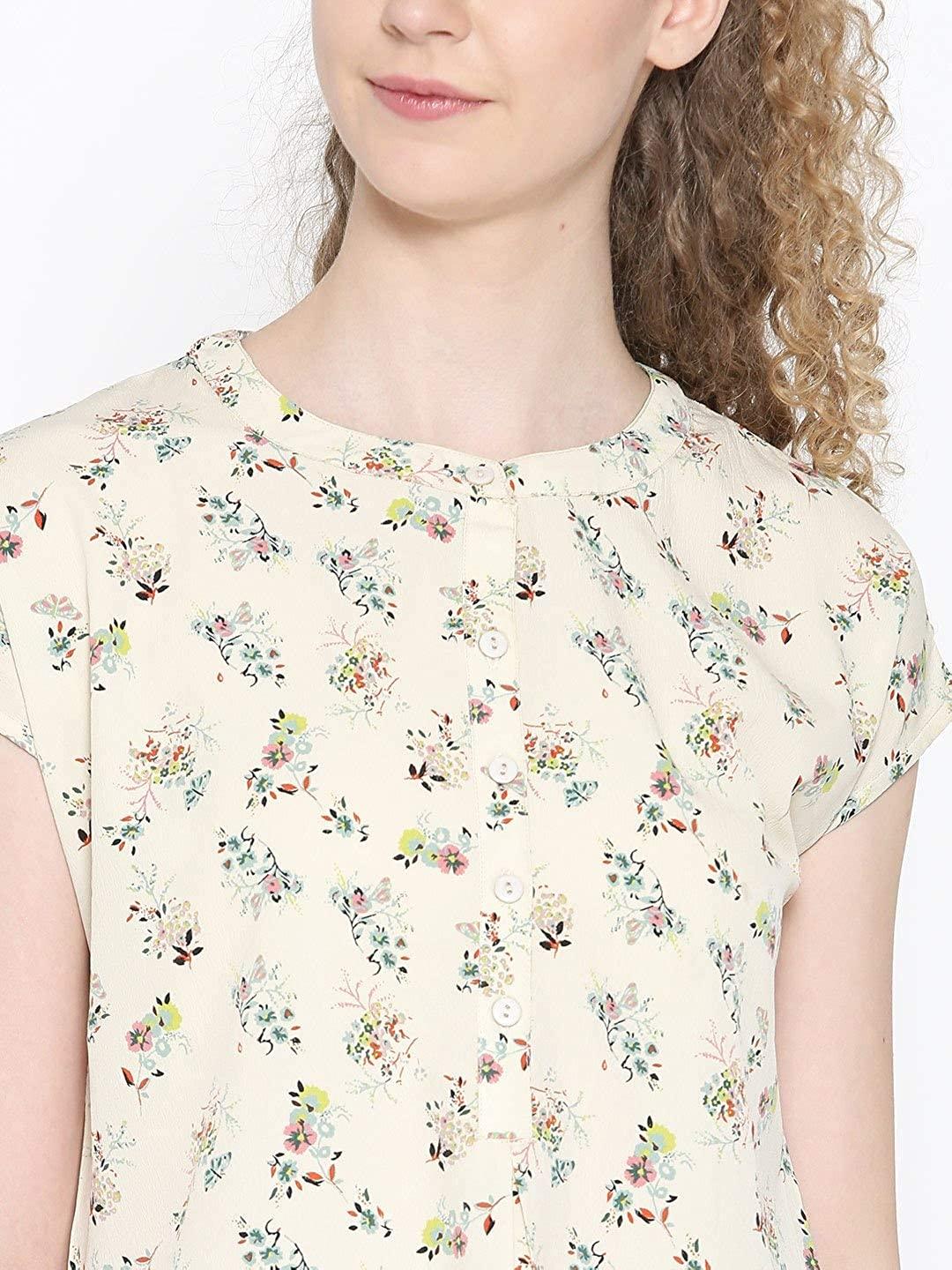 Style Quotient Women Cream Round Neck Floral Fashion Tunics-Tunics-StyleQuotient