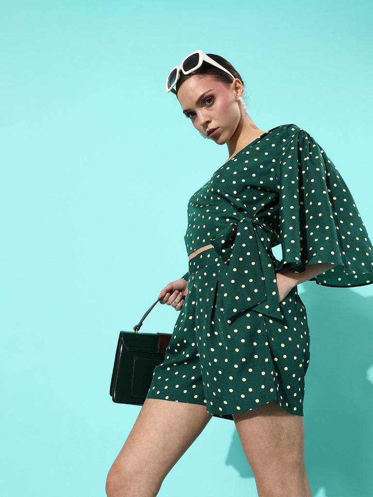 Style Quotient Women Green Polka Dots Printed Co-ords Set-Co-Ords-StyleQuotient