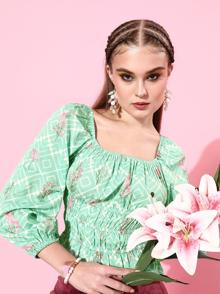 Style Quotient Women Green & Pink Floral Print Top-Tops-StyleQuotient