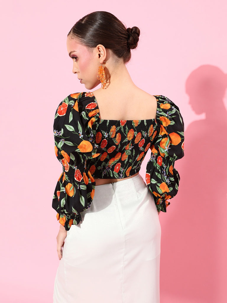 Style Quotient Black & Orange Print Sweetheart Neck Bishop Sleeves Crop Top-Tops-StyleQuotient