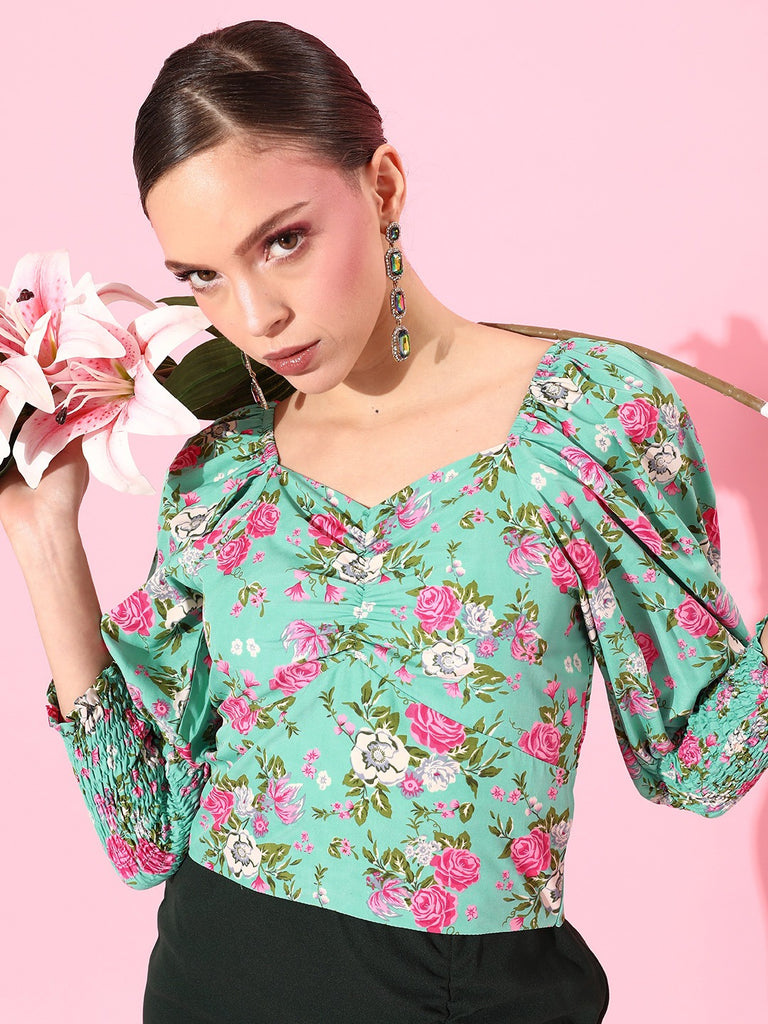 Style Quotient Women Green & Pink Floral Print Sweetheart Neck Crop Top-Tops-StyleQuotient