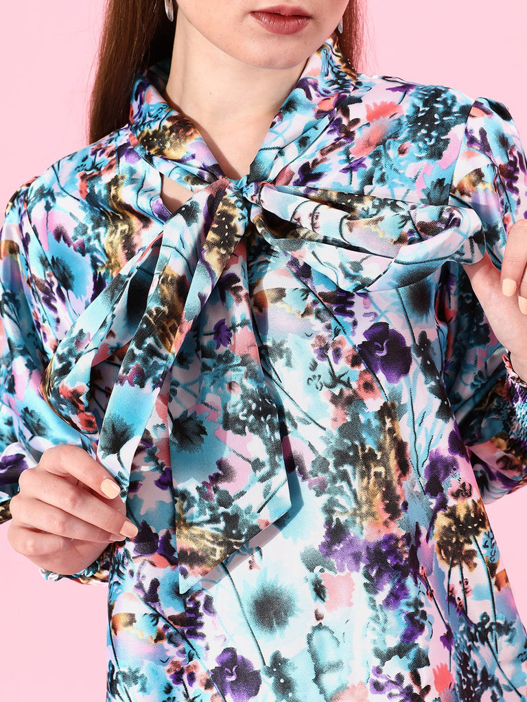 Style Quotient Women Blue & Pink Floral Print Tie-Up Neck Top-Tops-StyleQuotient