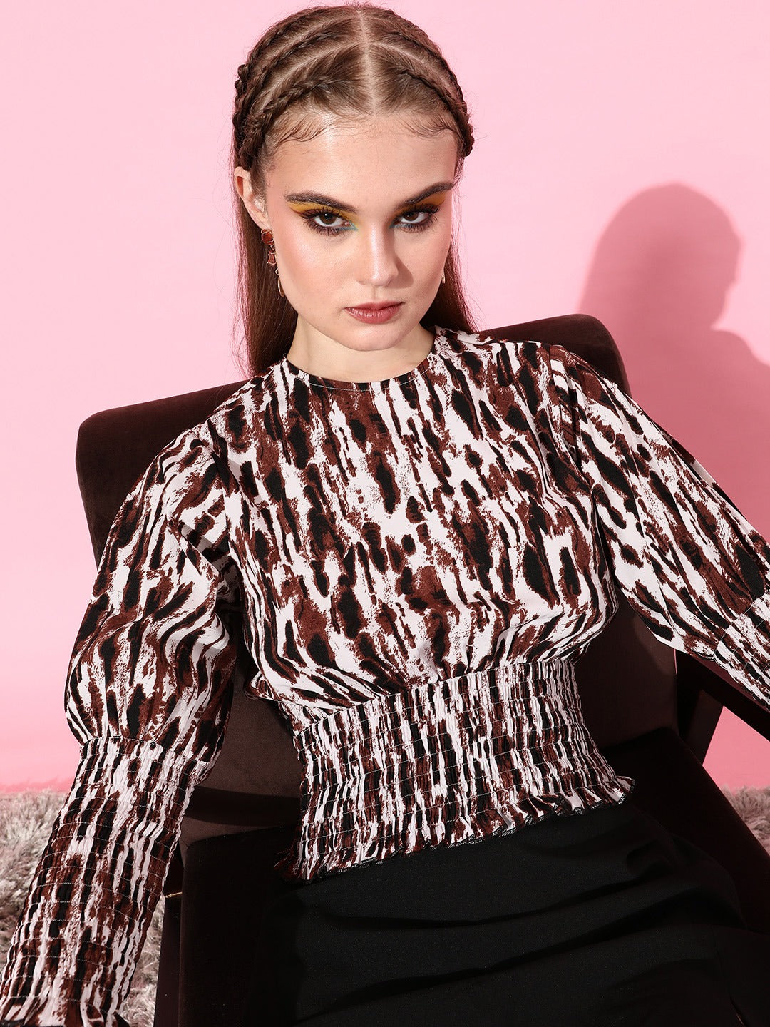 Style Quotient Women Brown & White Print Bishop Sleeves Blouson Crop Top-Tops-StyleQuotient