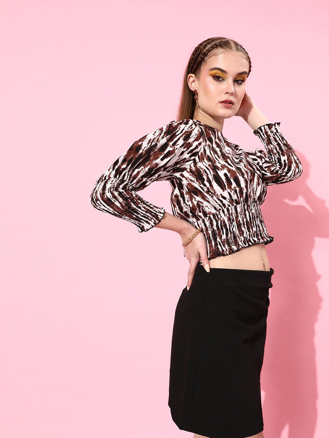 Style Quotient Women Brown & White Print Bishop Sleeves Blouson Crop Top-Tops-StyleQuotient