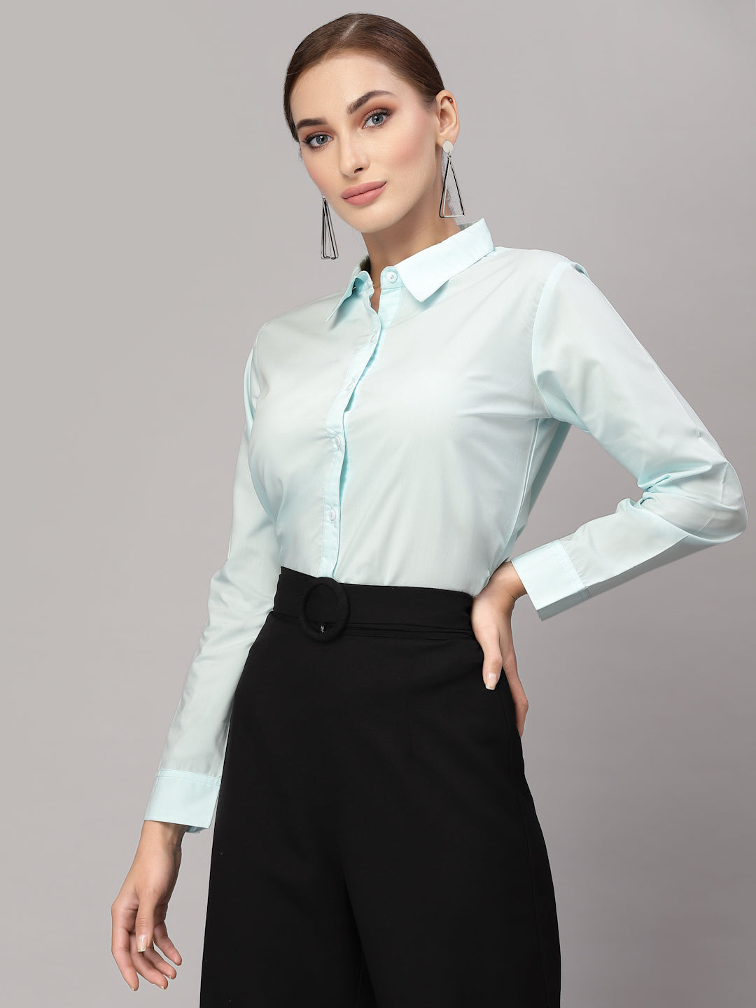 Style Quotient Women Solid Light Blue Cotton Regular Formal Shirt-Shirts-StyleQuotient