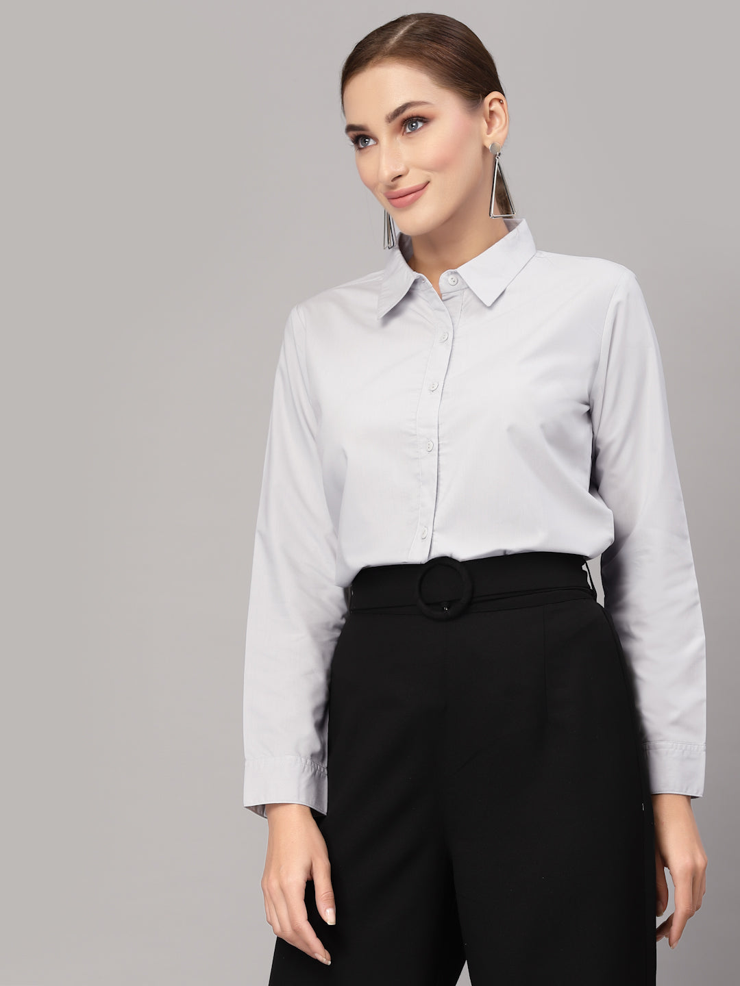 Style Quotient Women Solid Grey Cotton Regular Formal Shirt-Shirts-StyleQuotient