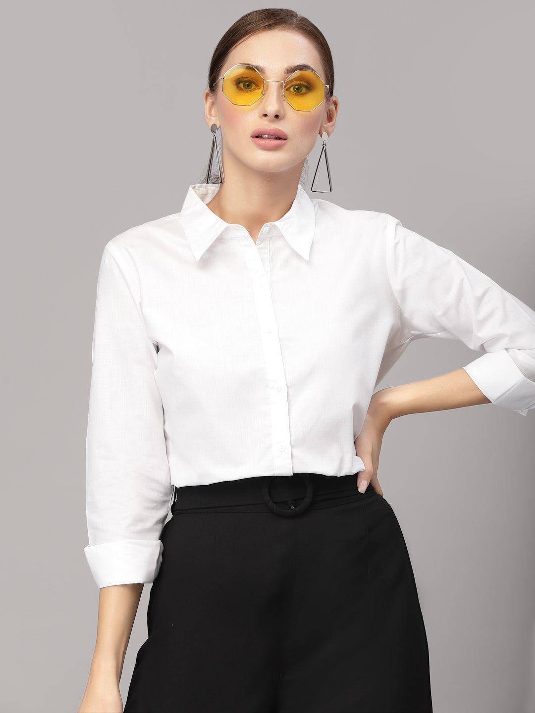 Style Quotient Women Solid White Cotton Regular Formal Shirt-Shirts-StyleQuotient