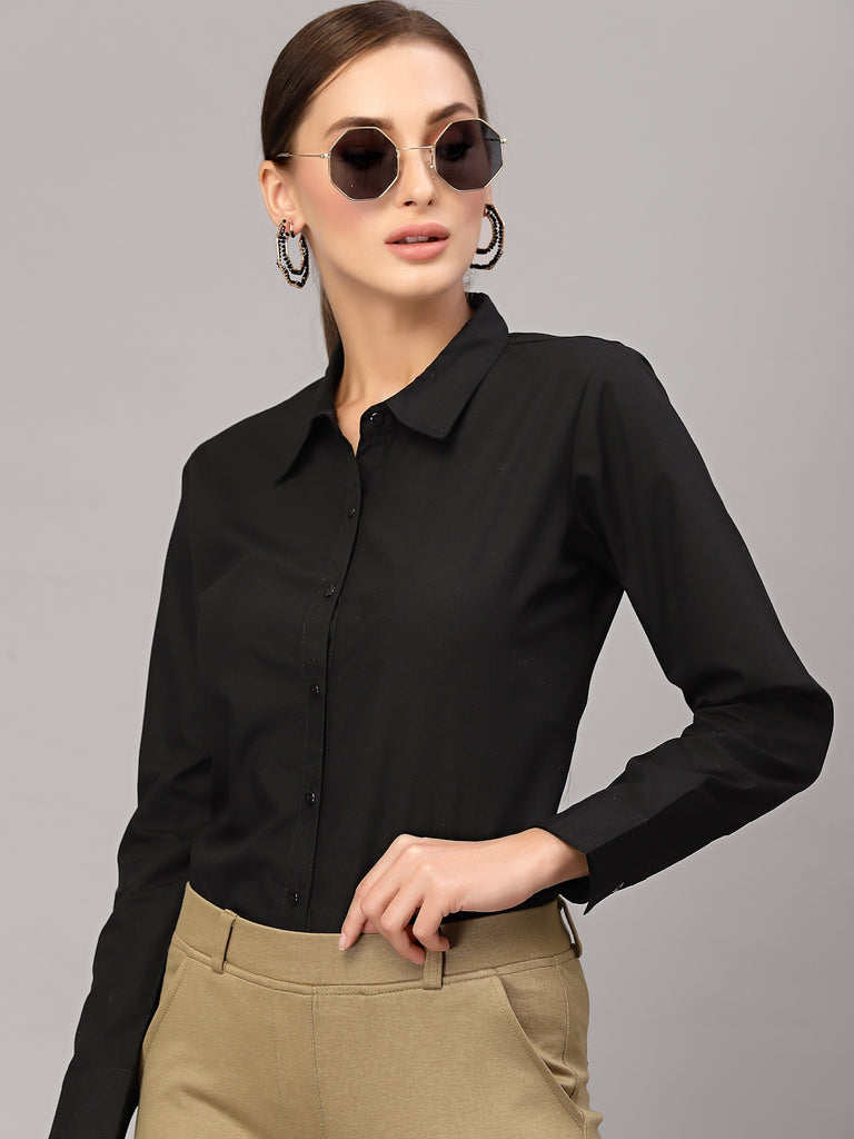 Style Quotient Women Solid Black Cotton Regular Formal Shirt-Shirts-StyleQuotient