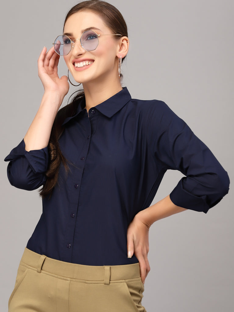 Style Quotient Women Solid Navy Cotton Regular Formal Shirt-Shirts-StyleQuotient