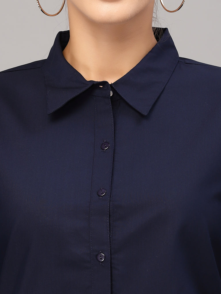 Style Quotient Women Solid Navy Cotton Regular Formal Shirt-Shirts-StyleQuotient