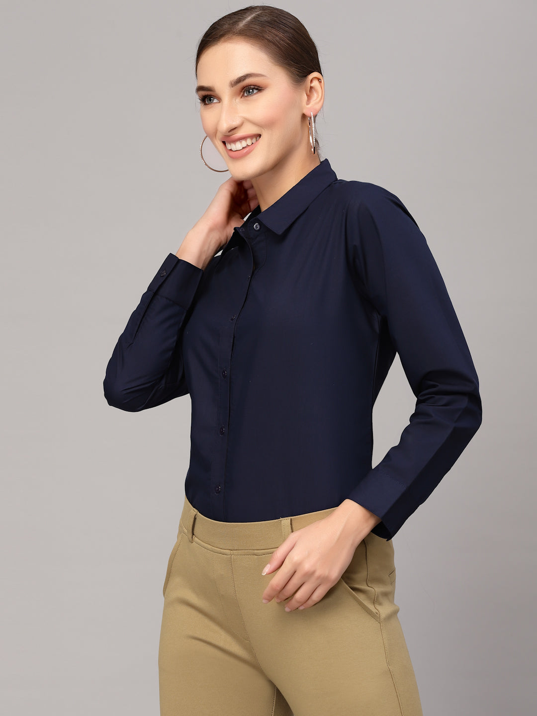 Style Quotient Women Solid Navy Cotton Regular Formal Shirt-Shirts-StyleQuotient