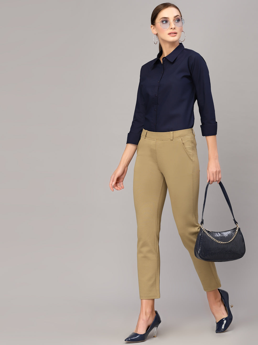 Style Quotient Women Solid Navy Cotton Regular Formal Shirt-Shirts-StyleQuotient