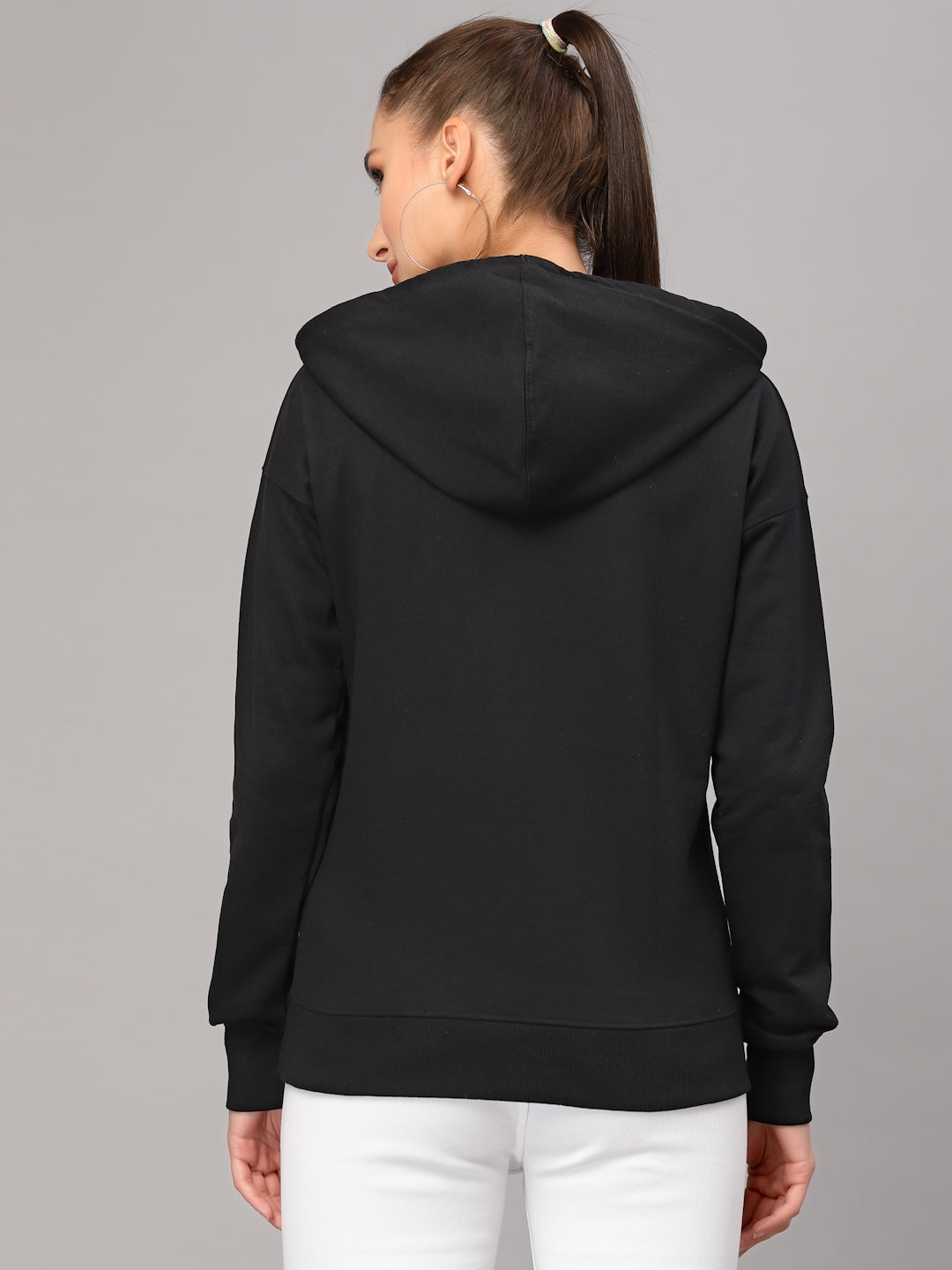 Style Quotient Women Black Printed Hooded Sweatshirt-Sweaters-StyleQuotient