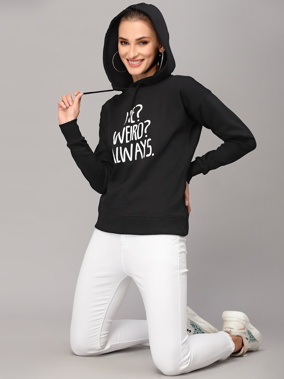 Style Quotient Women Black Printed Hooded Sweatshirt-Sweaters-StyleQuotient