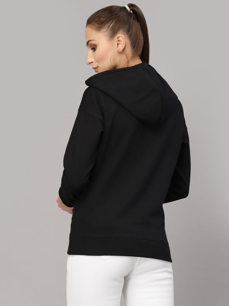 Style Quotient Women Black Printed Hooded Sweatshirt-Sweaters-StyleQuotient