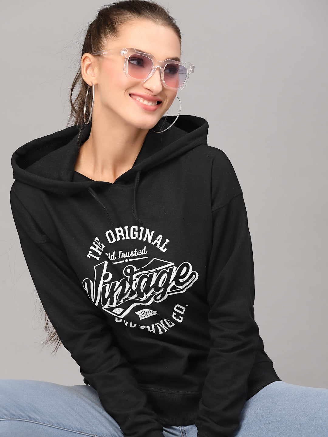 Style Quotient Women Black Printed Hooded Sweatshirt-Sweaters-StyleQuotient