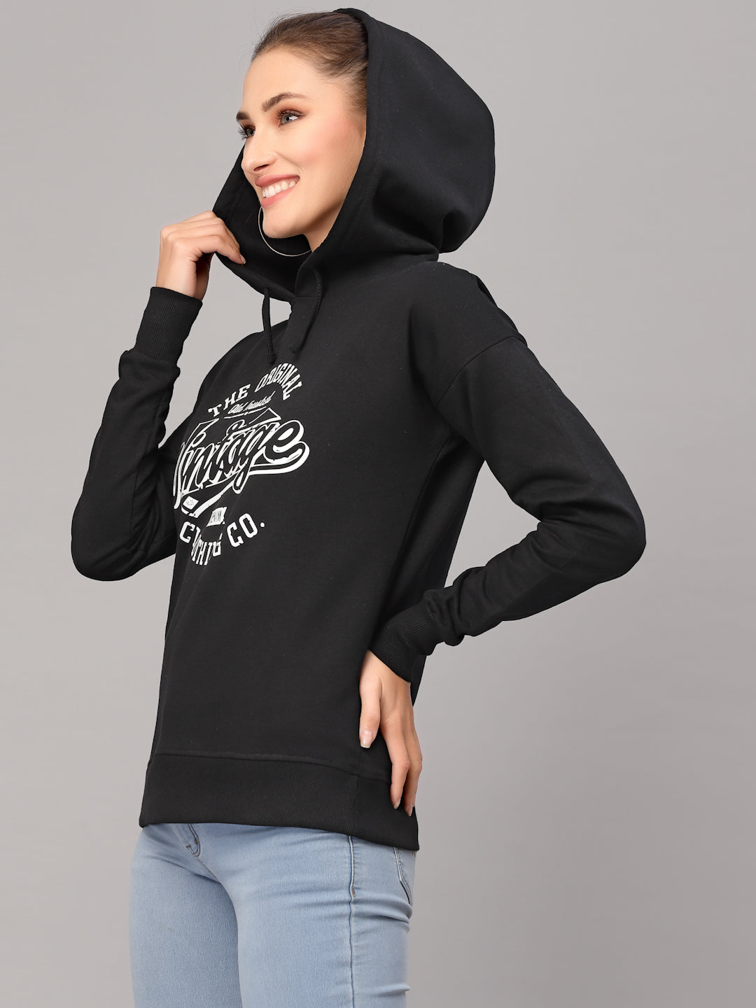 Style Quotient Women Black Printed Hooded Sweatshirt-Sweaters-StyleQuotient