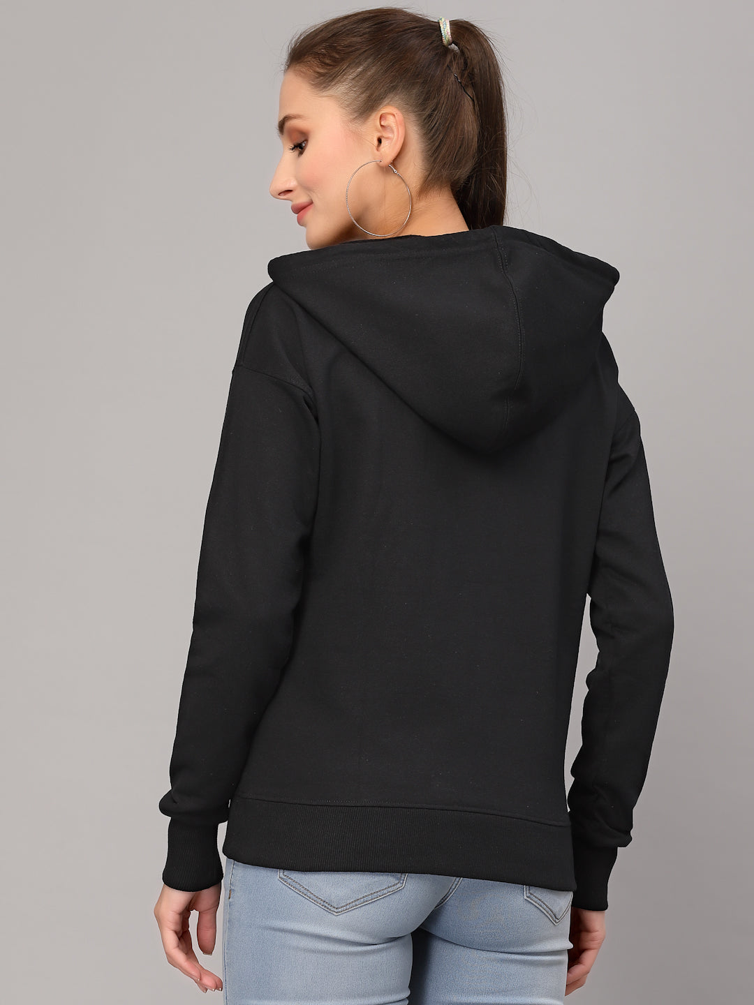 Style Quotient Women Black Printed Hooded Sweatshirt-Sweaters-StyleQuotient